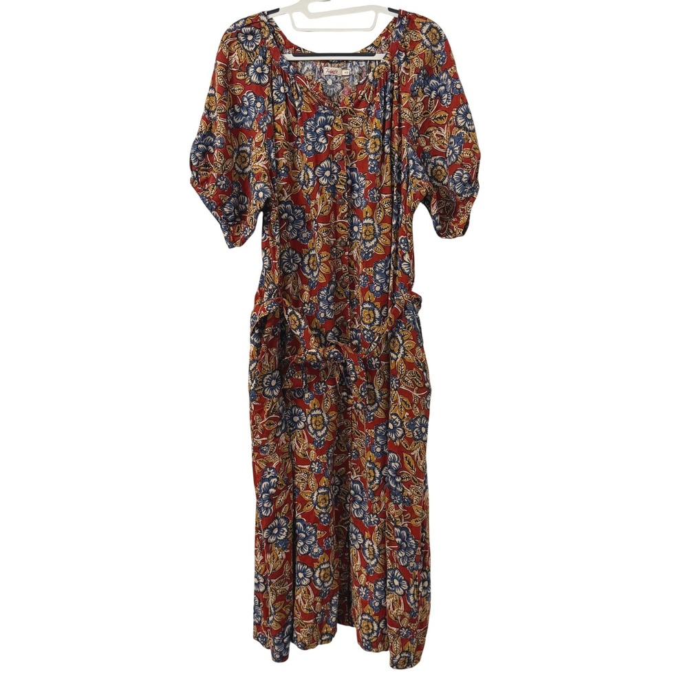 Faherty Women Red Floral Linen Button Midi Dress M Pockets Tie Peasant Cottage